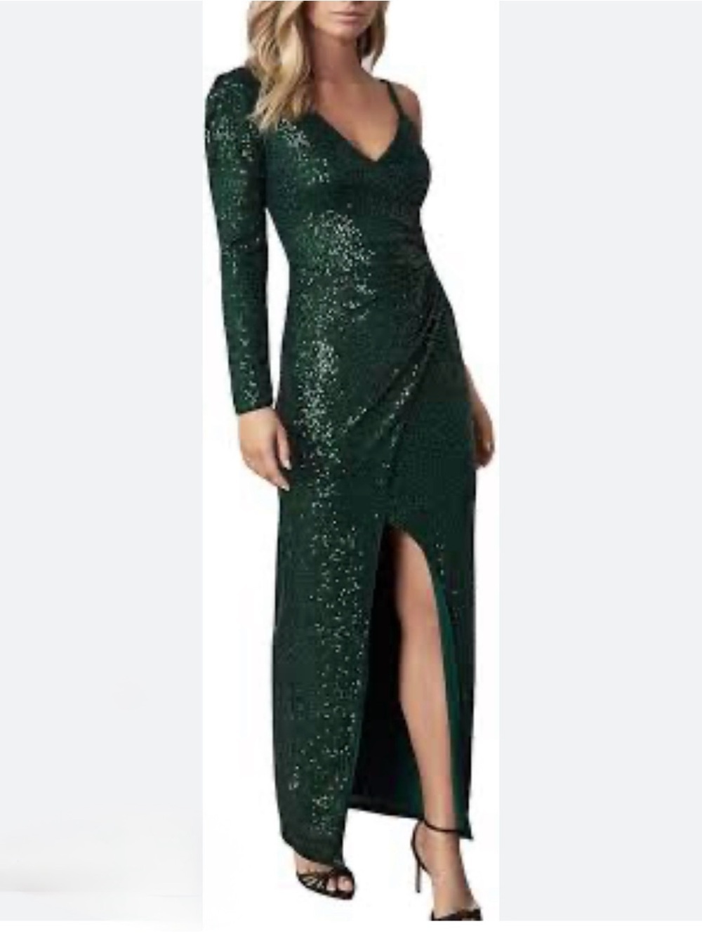 BCBG Max Azria Sleeveless One-Shoulder Emerald Sequin Evening Gown M
